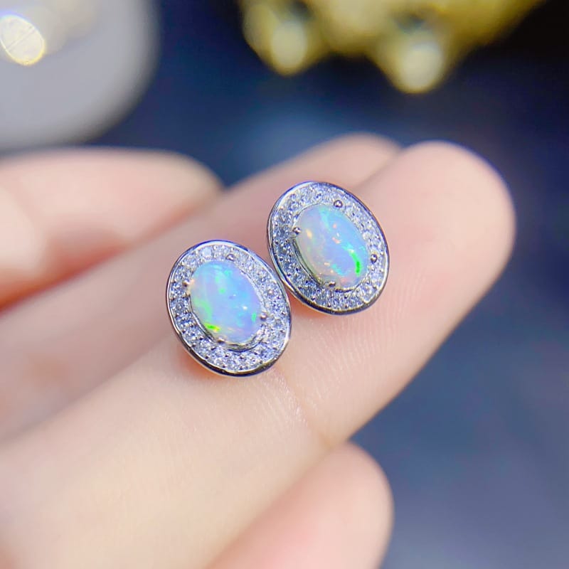 Natural colorful Opal ear studs 925 silver ladies have tested one-piece delivery overseas supply color beautiful