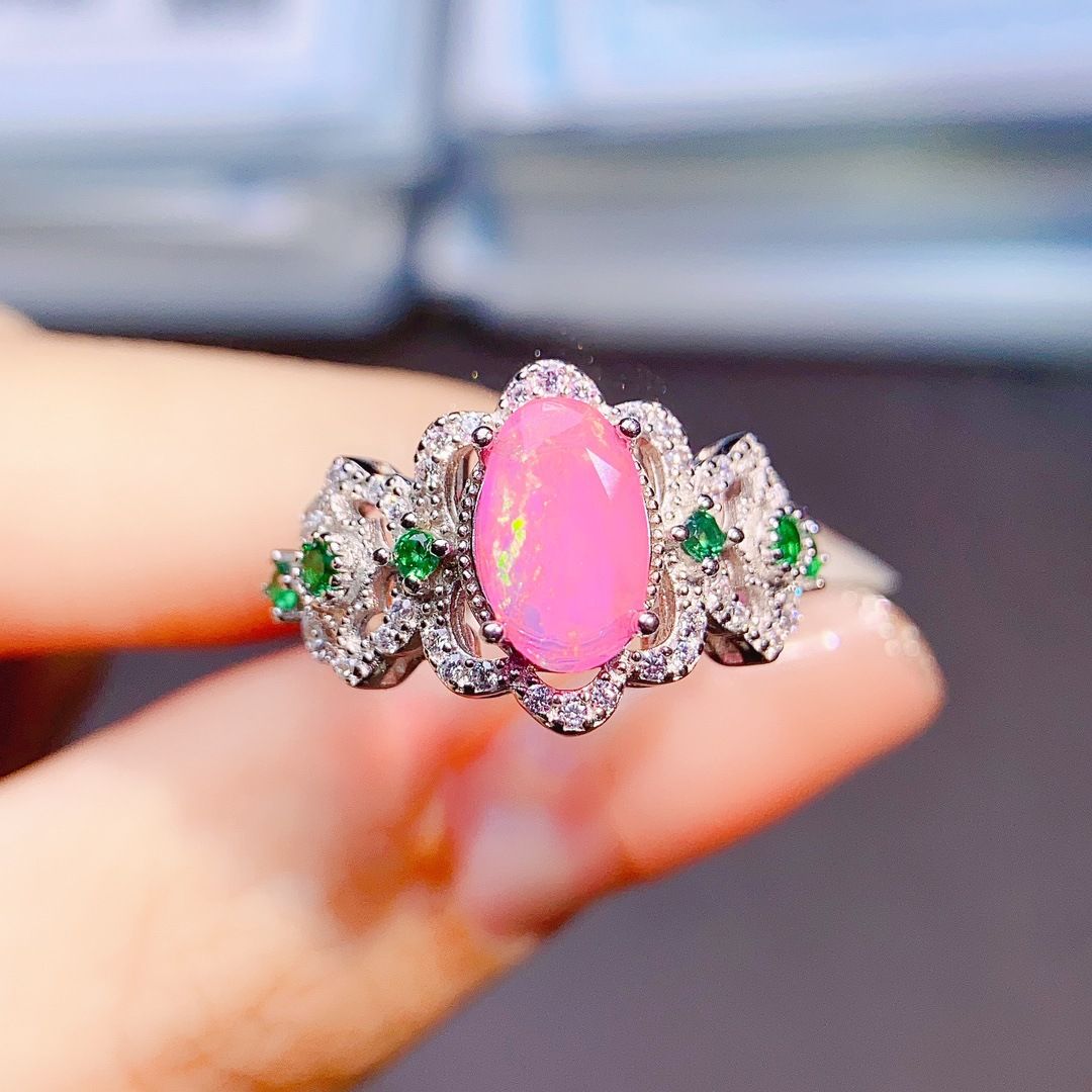 Factory wholesale explosions natural powder Opal ring S925 silver inlaid main stone 5*9 hot Europe and the United States a generation of hair