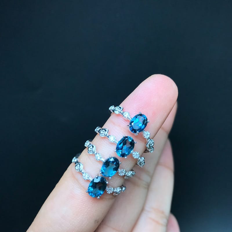 Real photo 1 karat London Blue Topaz ring simple new overlapping live 925 silver wholesale