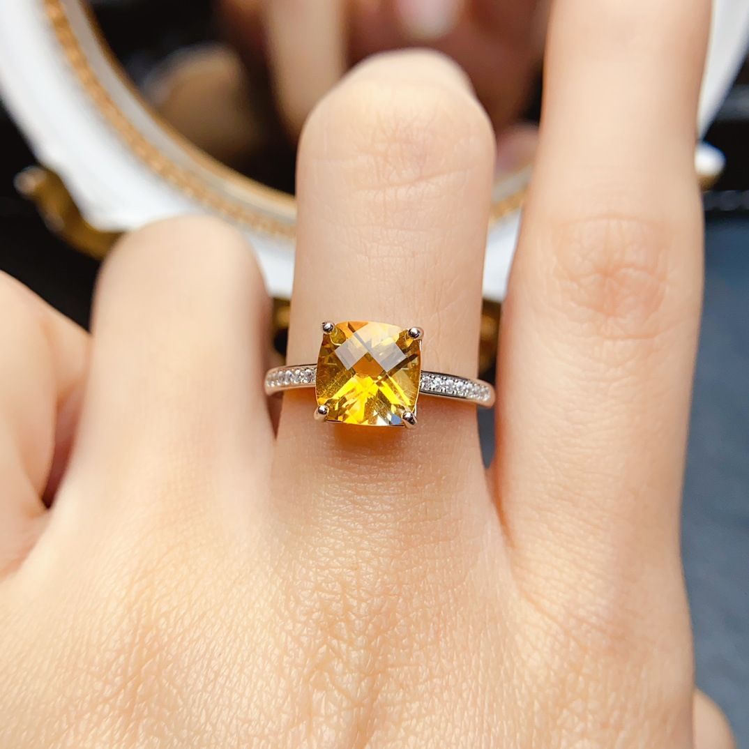Factory wholesale explosions natural citrine ring S925 silver inlaid main stone 8*8 hot Europe and the United States a generation of hair