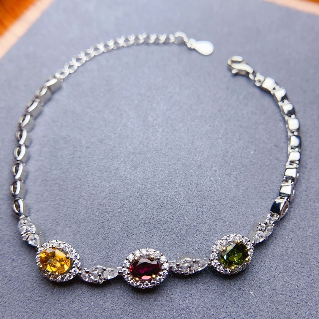 New s925 silver plated 18k gold natural color tourmaline bracelet 4*6 fashion simple hand ornaments a generation of hair