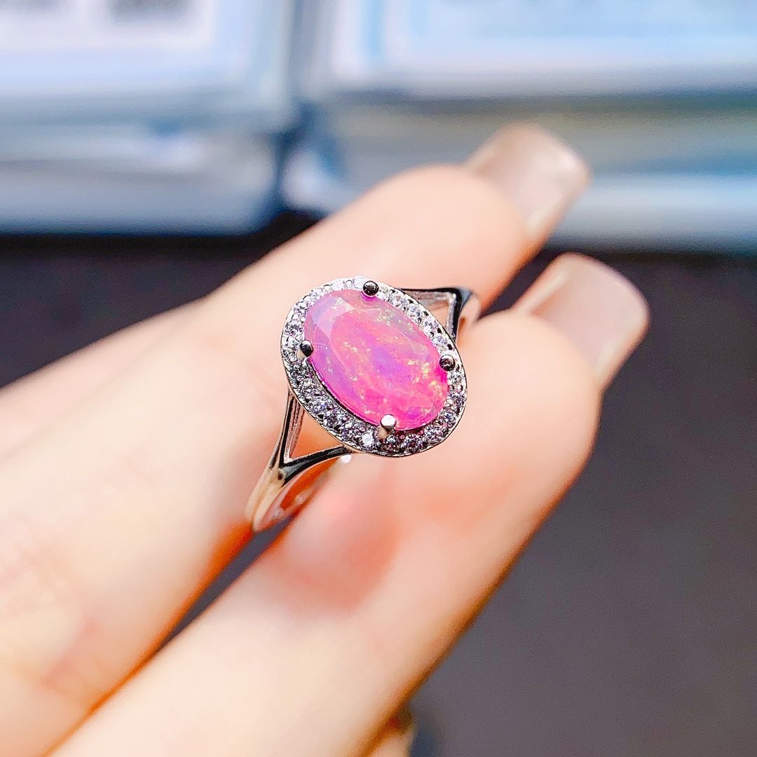 Factory wholesale explosions natural powder Opal ring S925 silver inlaid main stone 6*9 selling Europe and the United States a generation of hair