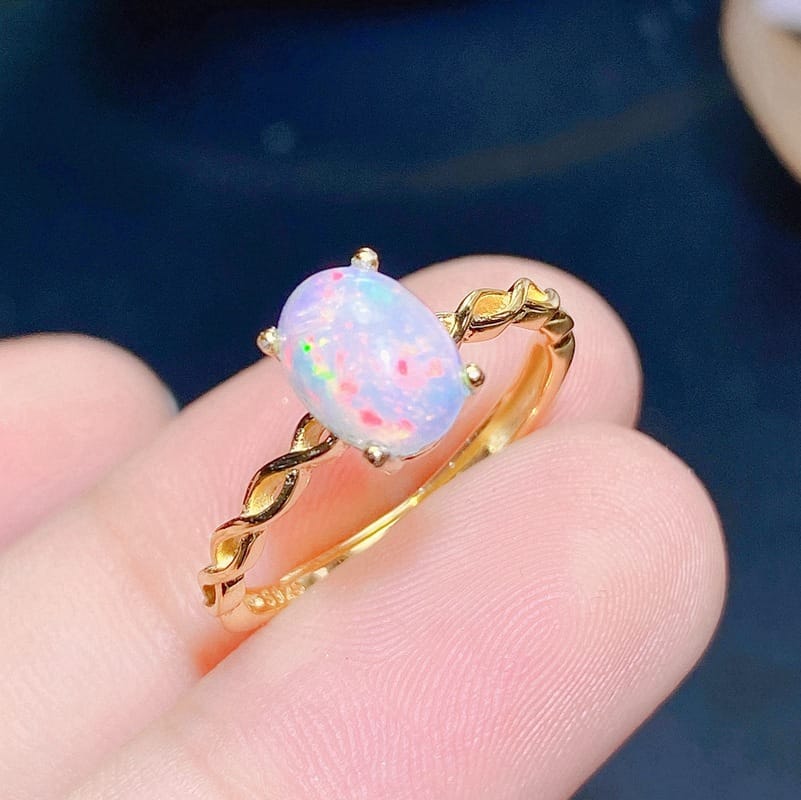 Simple 925 silver inlaid natural 6*8 full fire color opal ring live tremolo overseas supply