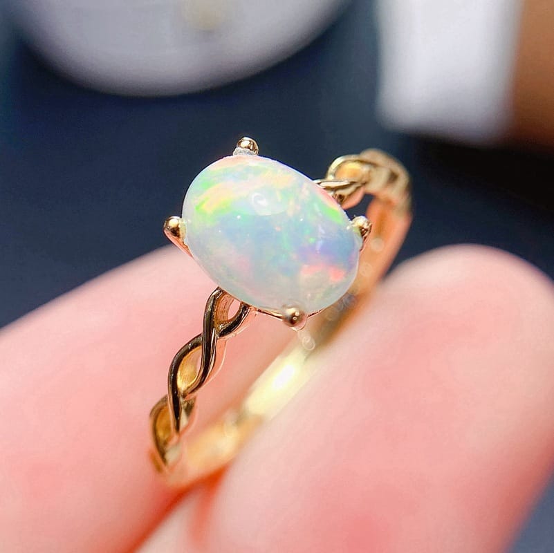 Simple 925 silver inlaid natural 6*8 full fire color opal ring live tremolo overseas supply