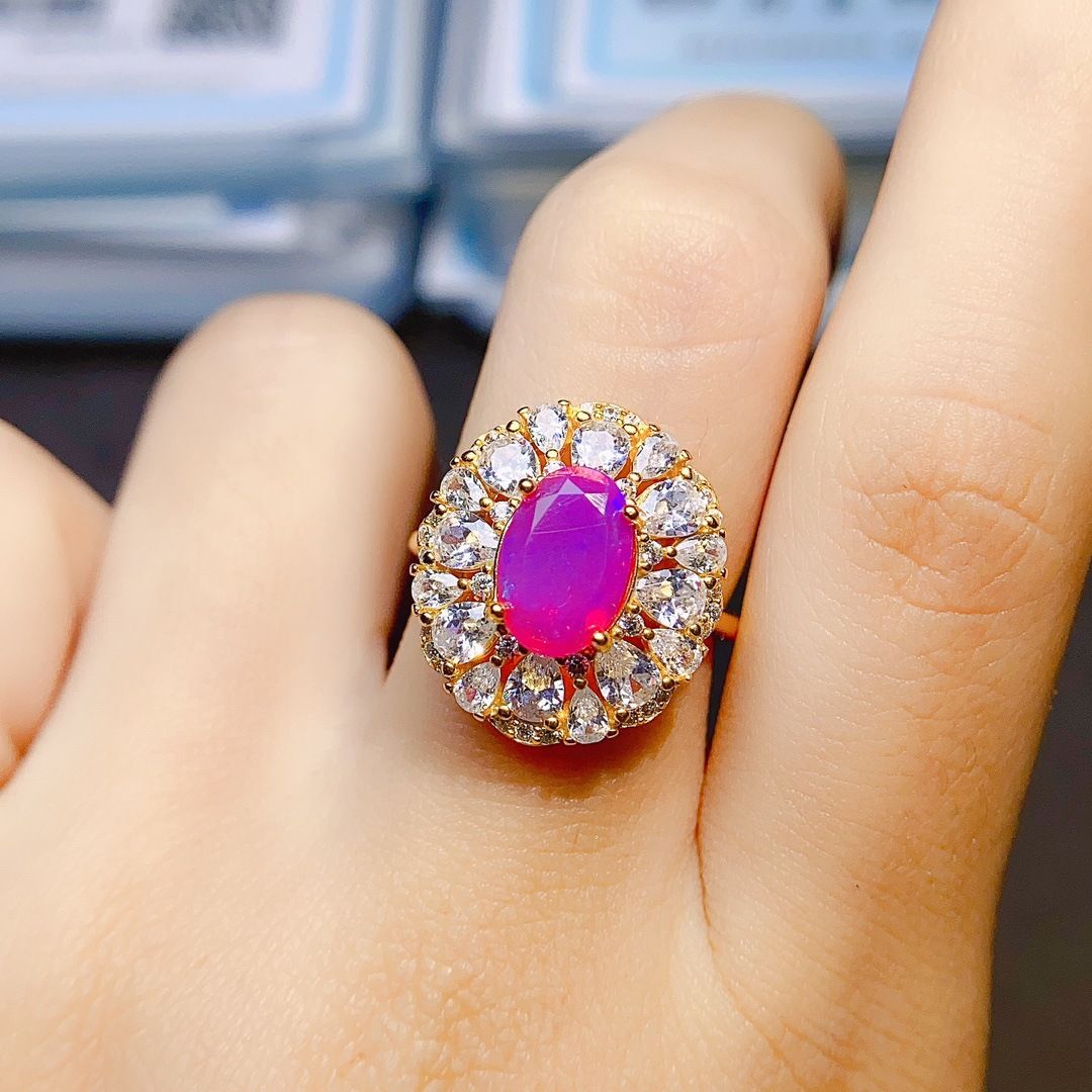 Factory wholesale explosions natural powder Opal ring S925 silver inlaid main stone 6*9 selling Europe and the United States a generation of hair