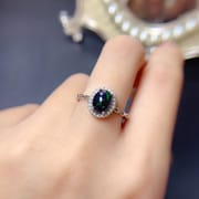 European and American design natural black opal ring wholesale 6*8mm fire color good manufacturing 925 silver live mouth ring