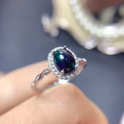 European and American design natural black opal ring wholesale 6*8mm fire color good manufacturing 925 silver live mouth ring