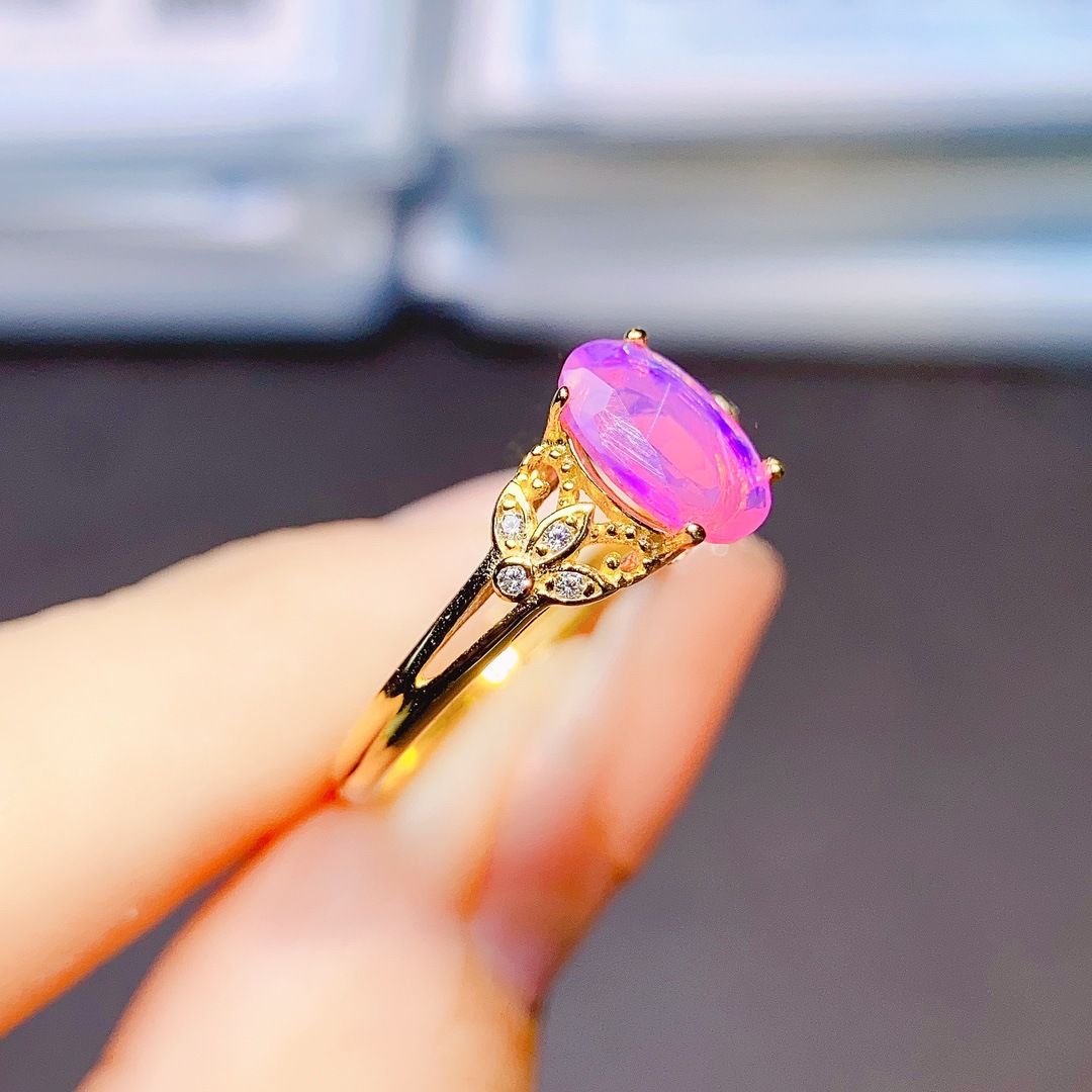 Factory wholesale explosions natural powder Opal ring S925 silver inlaid main stone 5*8 hot Europe and the United States a generation of hair
