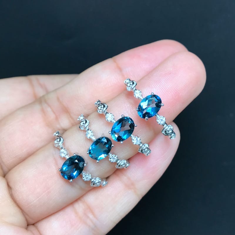 Real photo 1 karat London Blue Topaz ring simple new overlapping live 925 silver wholesale
