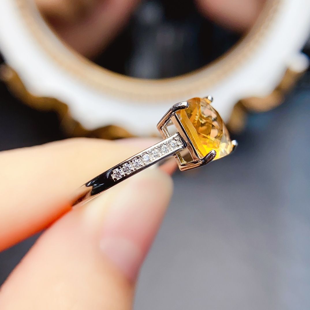 Factory wholesale explosions natural citrine ring S925 silver inlaid main stone 8*8 hot Europe and the United States a generation of hair