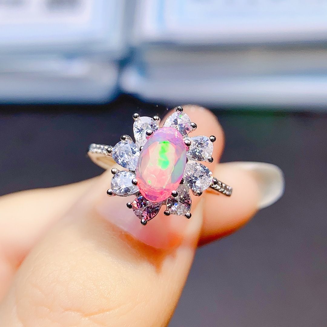 Factory wholesale explosions natural powder Opal ring S925 silver inlaid main stone 5*8 hot Europe and the United States a generation of hair