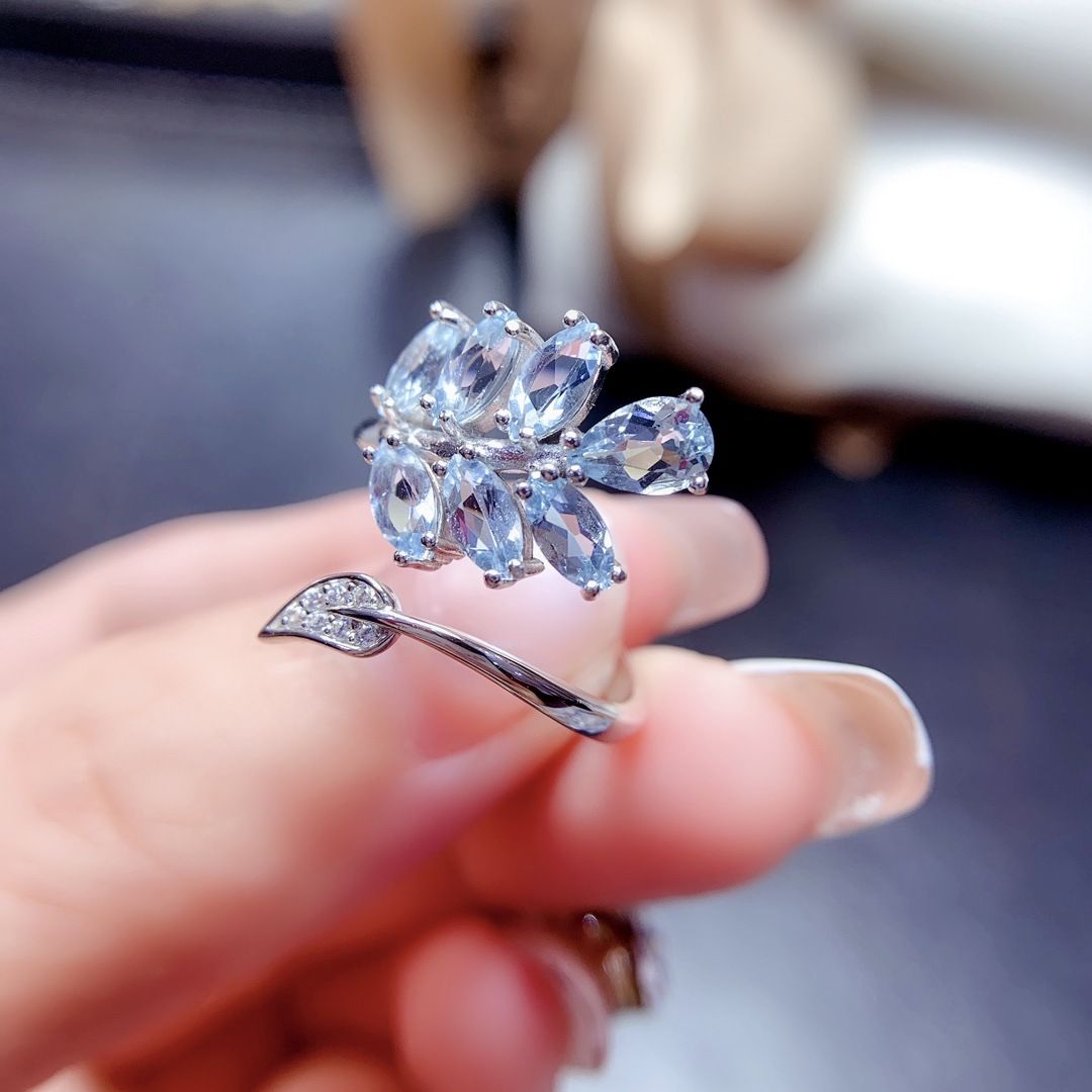 Factory wholesale explosions natural aquamarine ring S925 silver inlaid main stone 3*6+4*6 selling in Europe and America