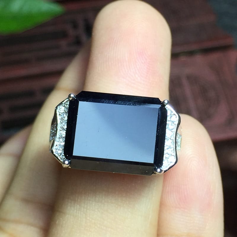 Natural Shandong Black Sapphire men's ring support identification 925 sterling silver open mouth large particle men's ring
