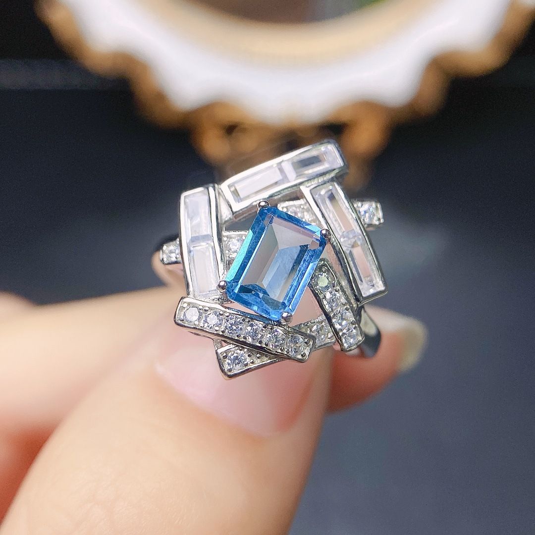 Factory wholesale explosions natural Topaz ring S925 silver inlaid main stone 5*7 selling Europe and the United States a generation of hair