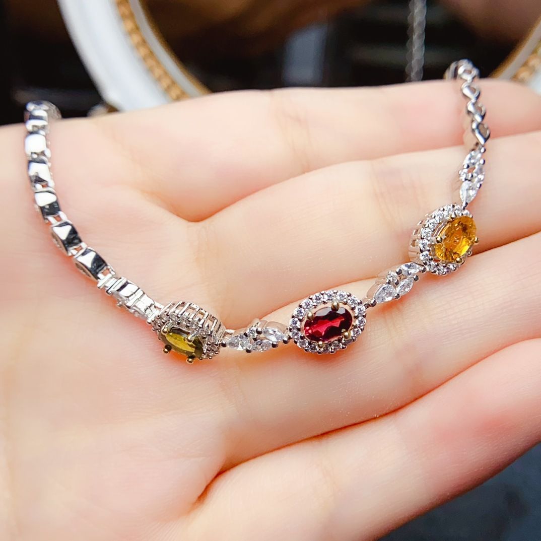 New s925 silver plated 18k gold natural color tourmaline bracelet 4*6 fashion simple hand ornaments a generation of hair