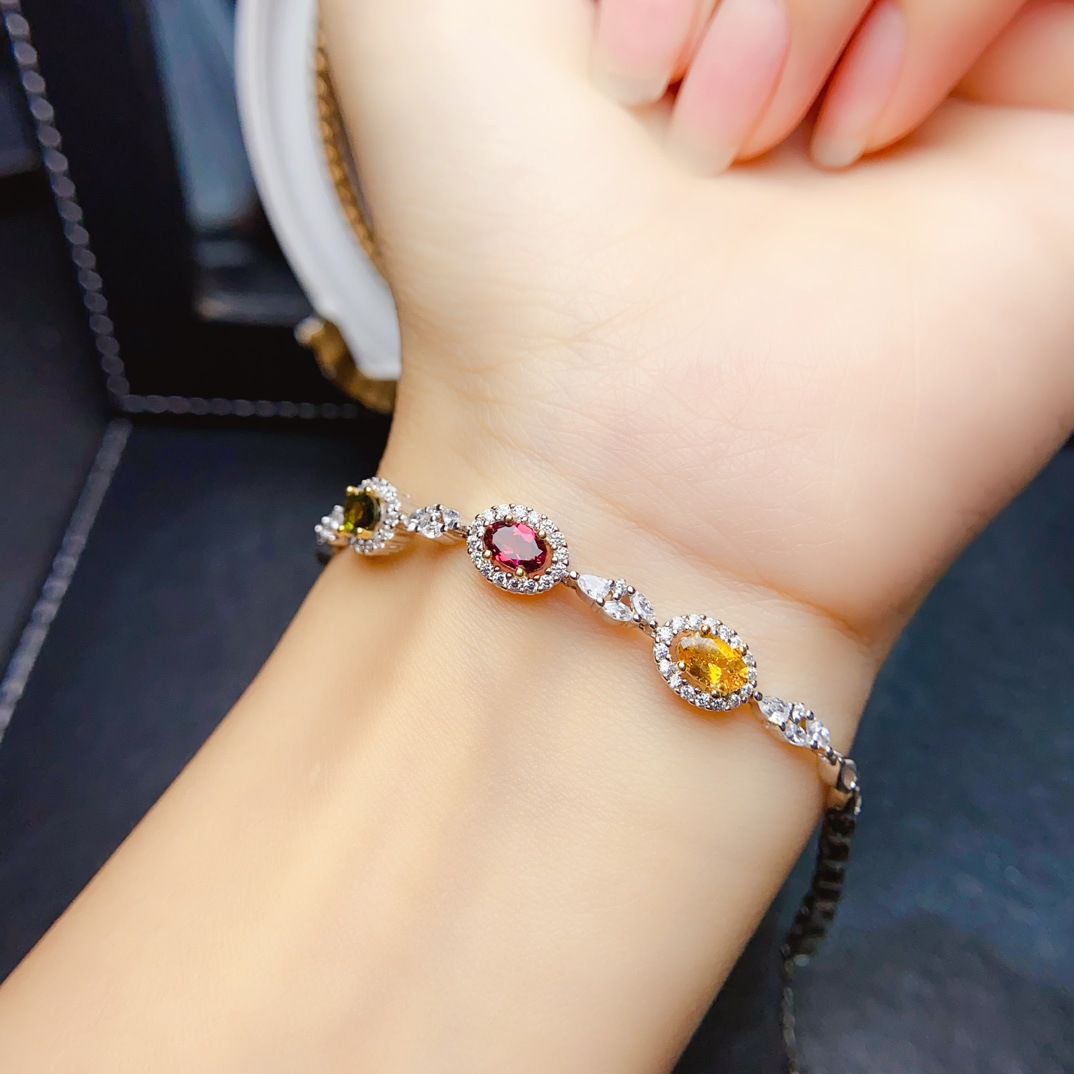 New s925 silver plated 18k gold natural color tourmaline bracelet 4*6 fashion simple hand ornaments a generation of hair