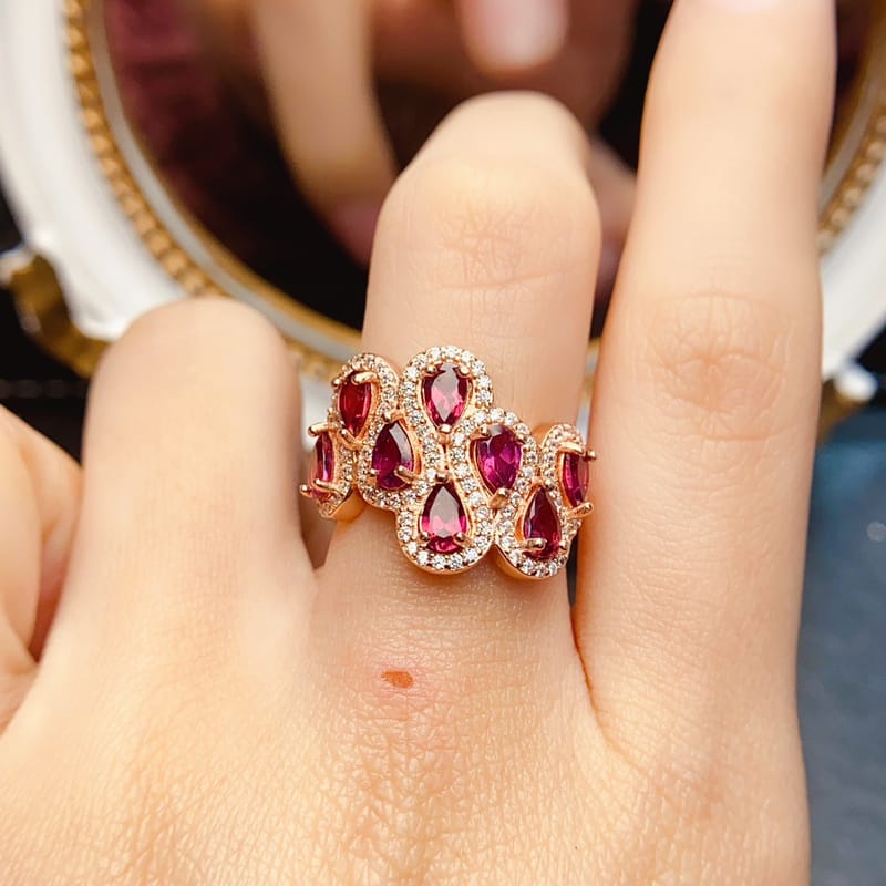 Natural Garnet Ring S925 Silver Inlaid Main Stone 3*5 