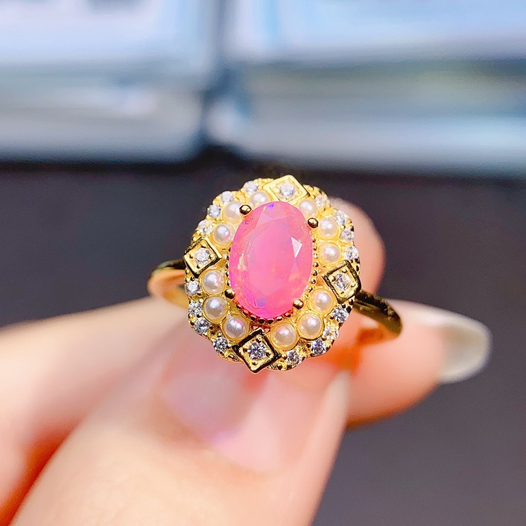 Factory wholesale explosions natural powder Opal ring S925 silver inlaid main stone 5*8 hot Europe and the United States a generation of hair
