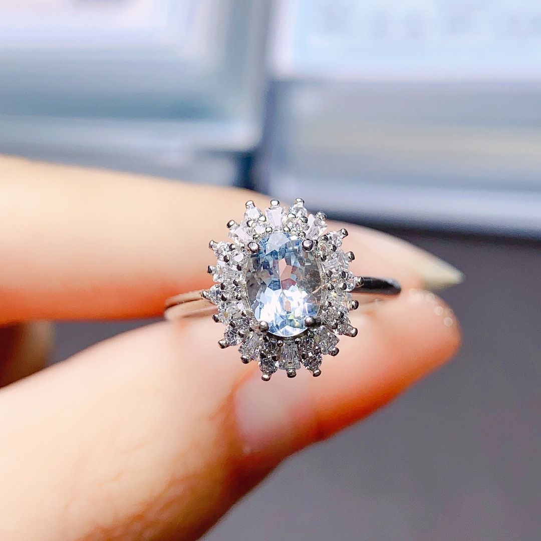 Factory wholesale explosions natural aquamarine ring S925 silver inlaid main stone 4*6 selling Europe and the United States a generation of hair