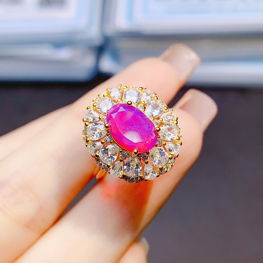 Factory wholesale explosions natural powder Opal ring S925 silver inlaid main stone 6*9 selling Europe and the United States a generation of hair