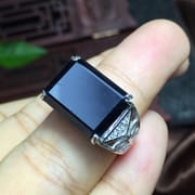 Natural Shandong Black Sapphire men's ring support identification 925 sterling silver open mouth large particle men's ring