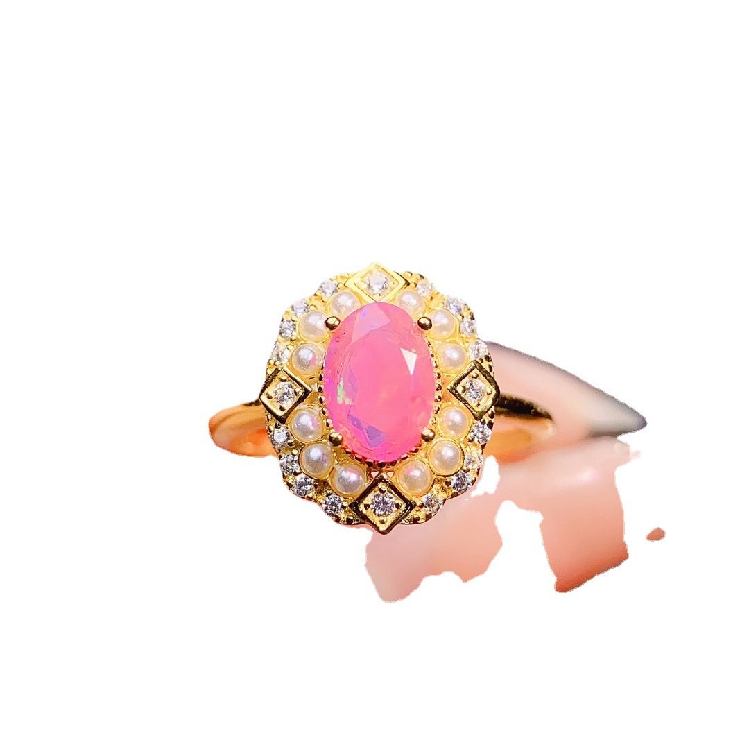 Factory wholesale explosions natural powder Opal ring S925 silver inlaid main stone 5*8 hot Europe and the United States a generation of hair