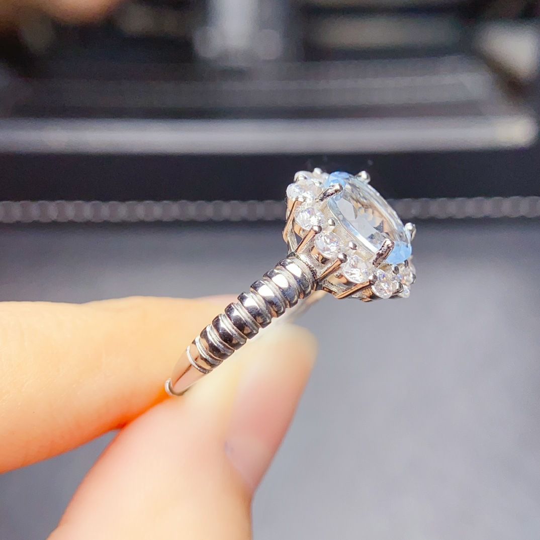 Factory wholesale explosions natural aquamarini ring S925 silver inlaid main stone 7*9 selling Europe and the United States a generation of hair
