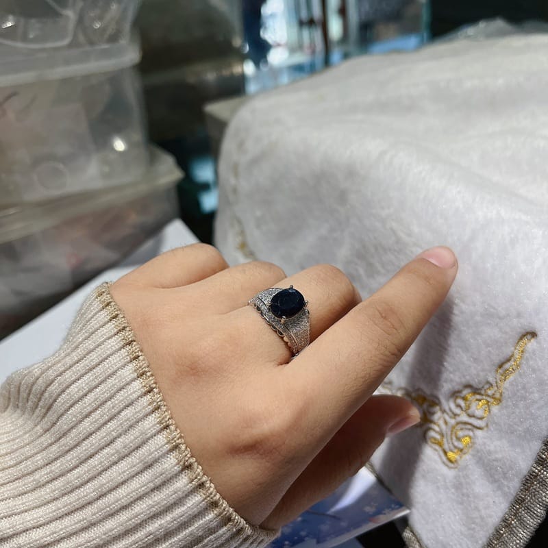 925 Silver Inlaid Natural Sapphire Ring Shandong Sapphire Support Identification Male Ring