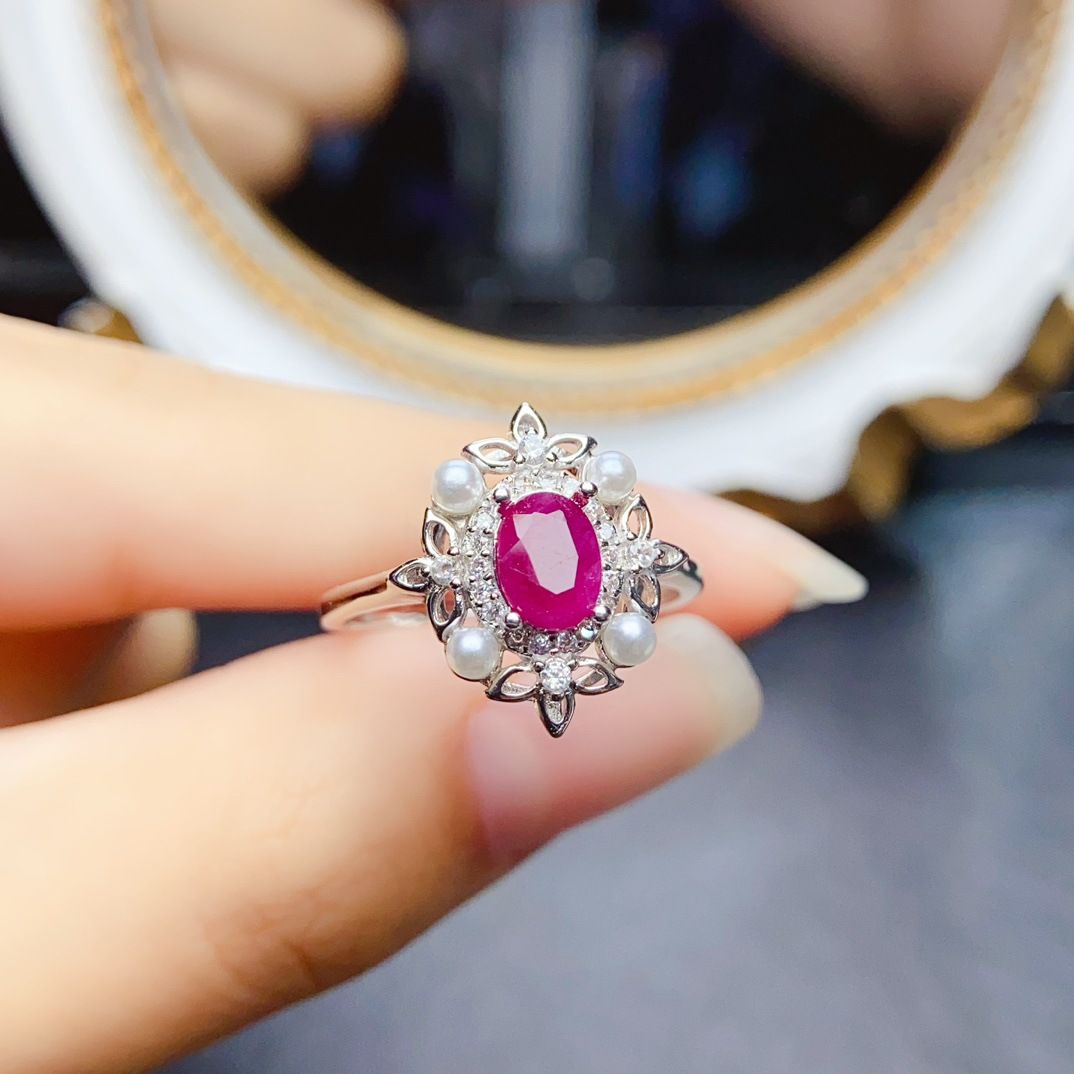 Factory wholesale explosions natural ruby ring S925 silver inlaid with the main stone 5*7 selling Europe and the United States a generation of hair