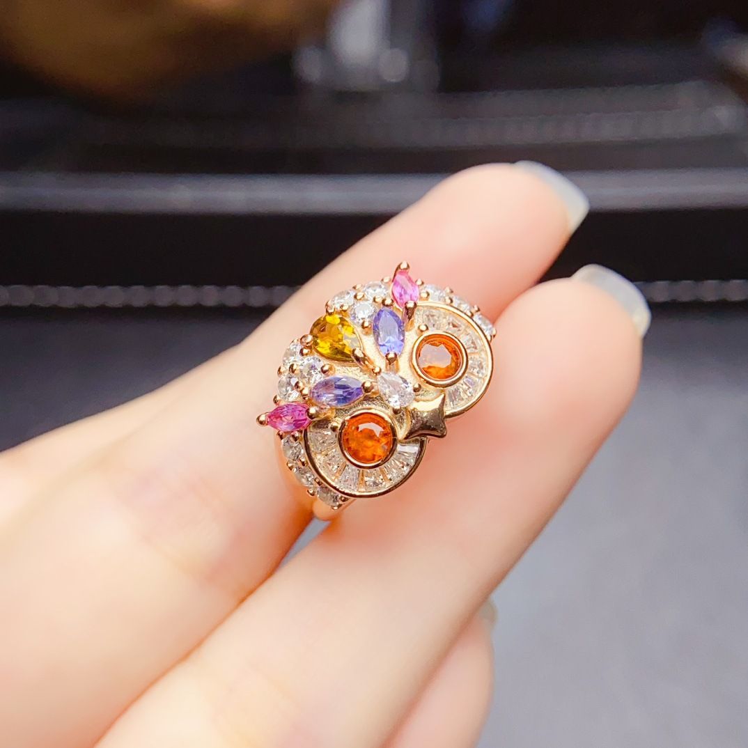 Factory wholesale explosions natural Fanta garnet ring S925 silver inlaid main stone 3*3 hot European and American generation