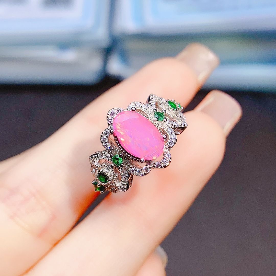 Factory wholesale explosions natural powder Opal ring S925 silver inlaid main stone 5*9 hot Europe and the United States a generation of hair
