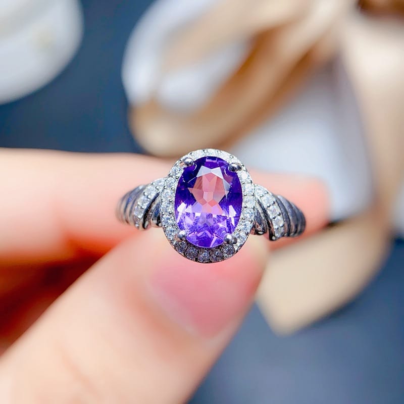 Fashion Joker natural amethyst ring crystal clean 6*8mm925 Silver live a generation of hair