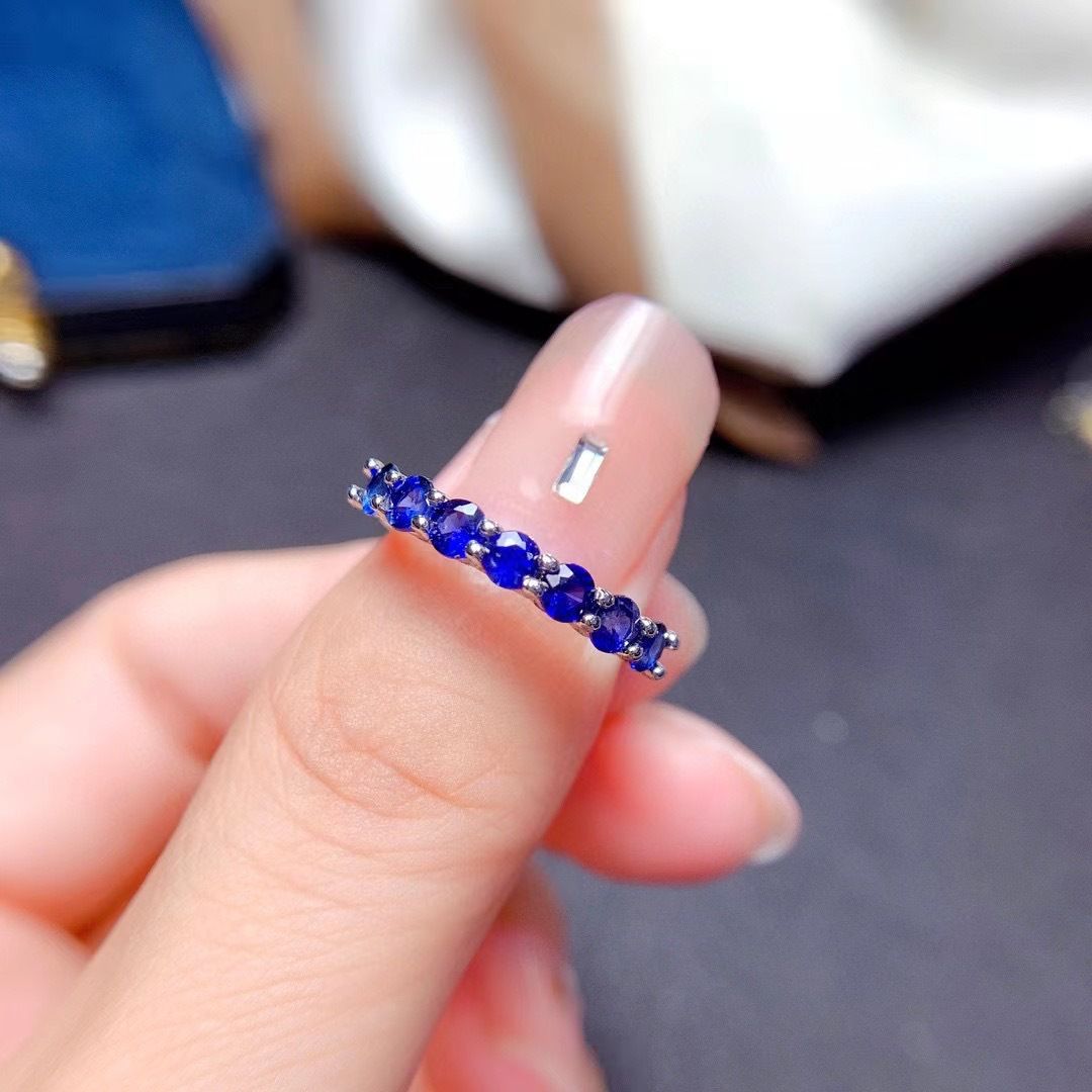 Natural Sapphire ring row ring 925 silver temperament ring women's open mouth crystal clean