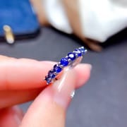 Natural Sapphire ring row ring 925 silver temperament ring women's open mouth crystal clean