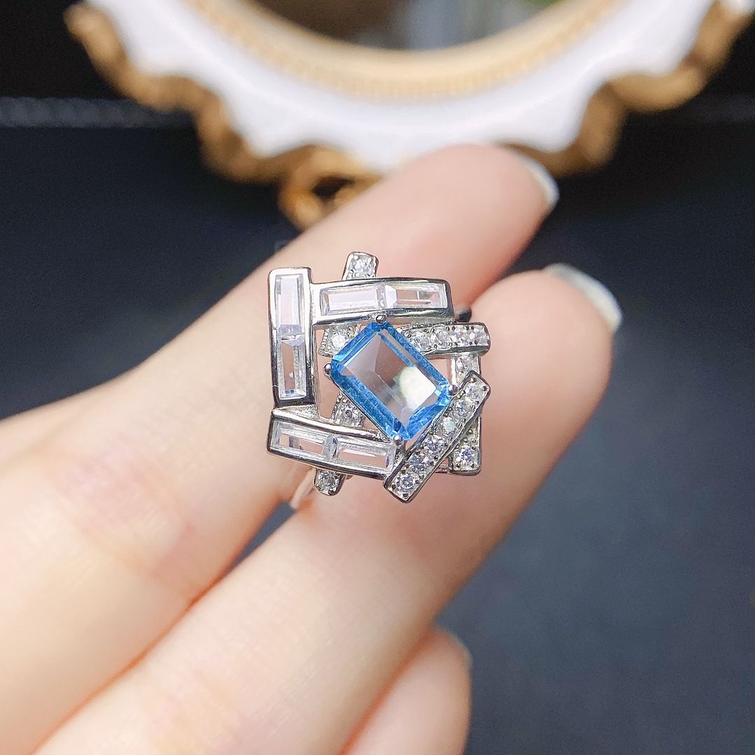 Factory wholesale explosions natural Topaz ring S925 silver inlaid main stone 5*7 selling Europe and the United States a generation of hair
