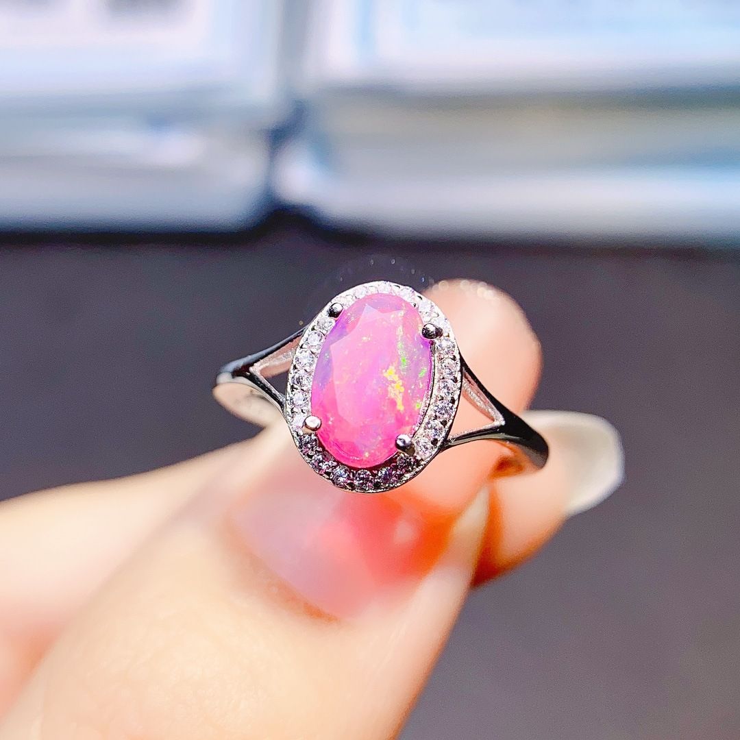 Factory wholesale explosions natural powder Opal ring S925 silver inlaid main stone 6*9 selling Europe and the United States a generation of hair