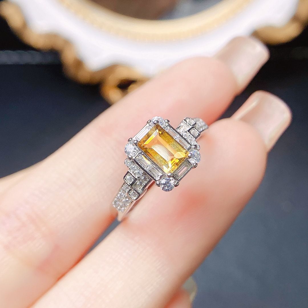 Factory wholesale explosion natural citrine ring S925 silver inlaid main stone 4*6 hot European and American a generation