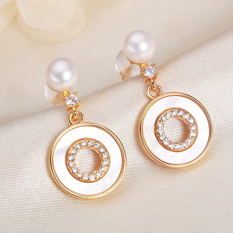 Micro-embellished round shell earrings