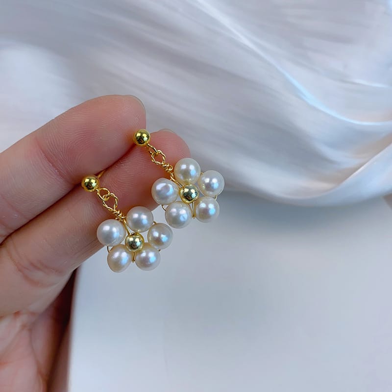 Flower wrapped silk pearl earrings
