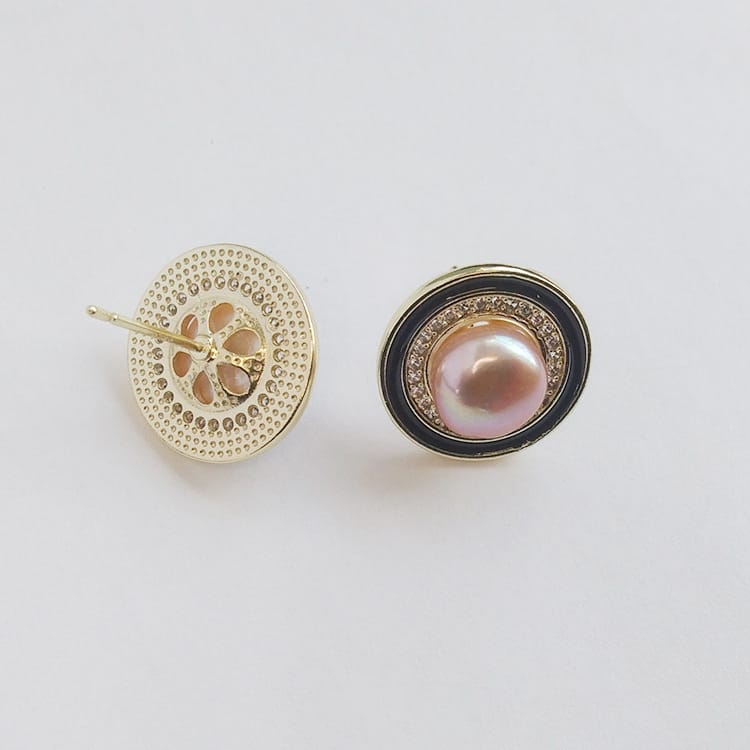 Black round lavender pearl earrings