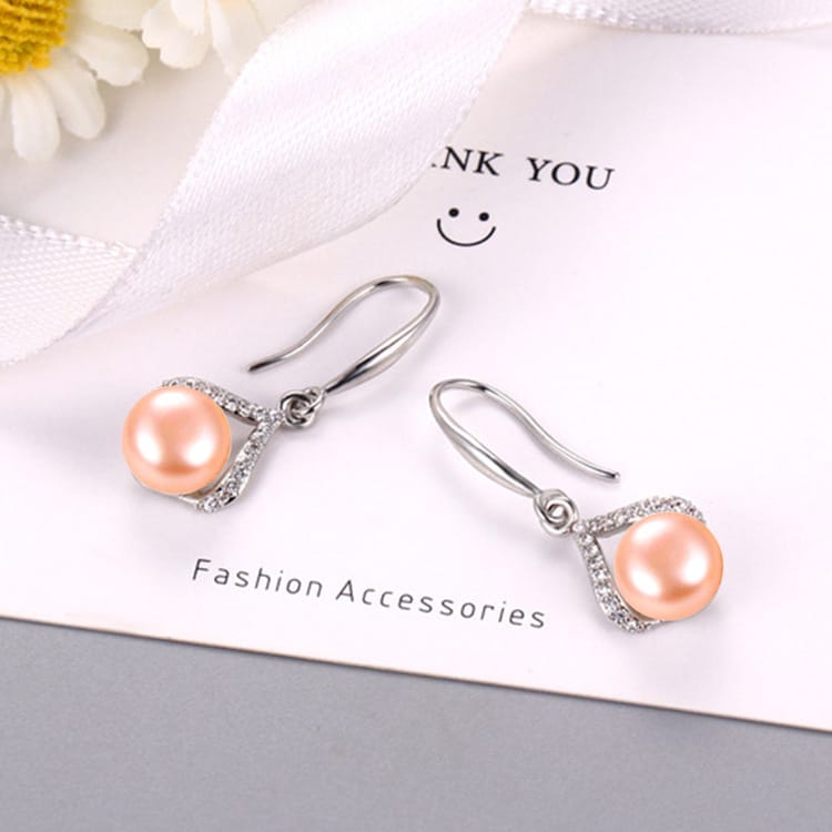 Diamond pearl ear hook (White Gold + Pink Pearl)