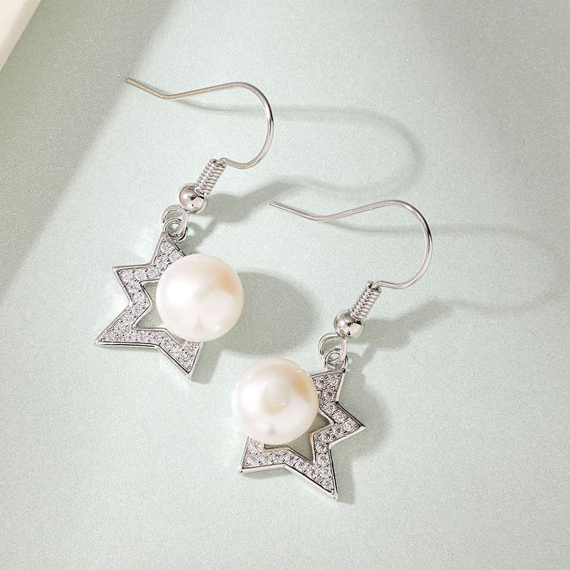 Four-sided star Pearl White gold ear hook