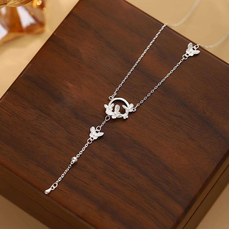 Butterfly ring tassel necklace--silver
