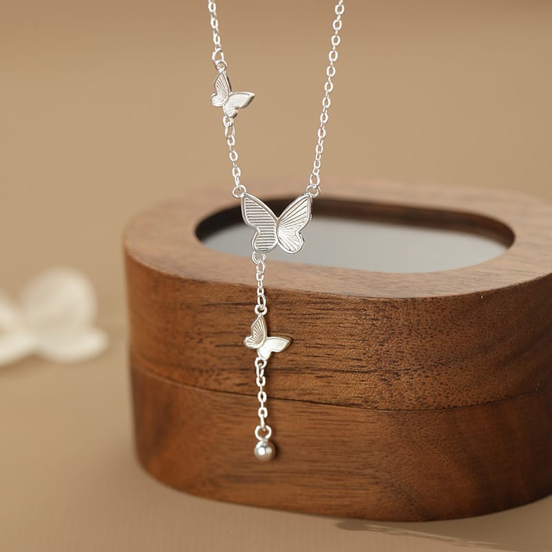 Butterfly bead tassel necklace---silver