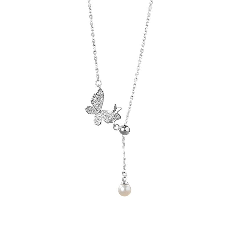 Butterfly pearl necklace--white gold