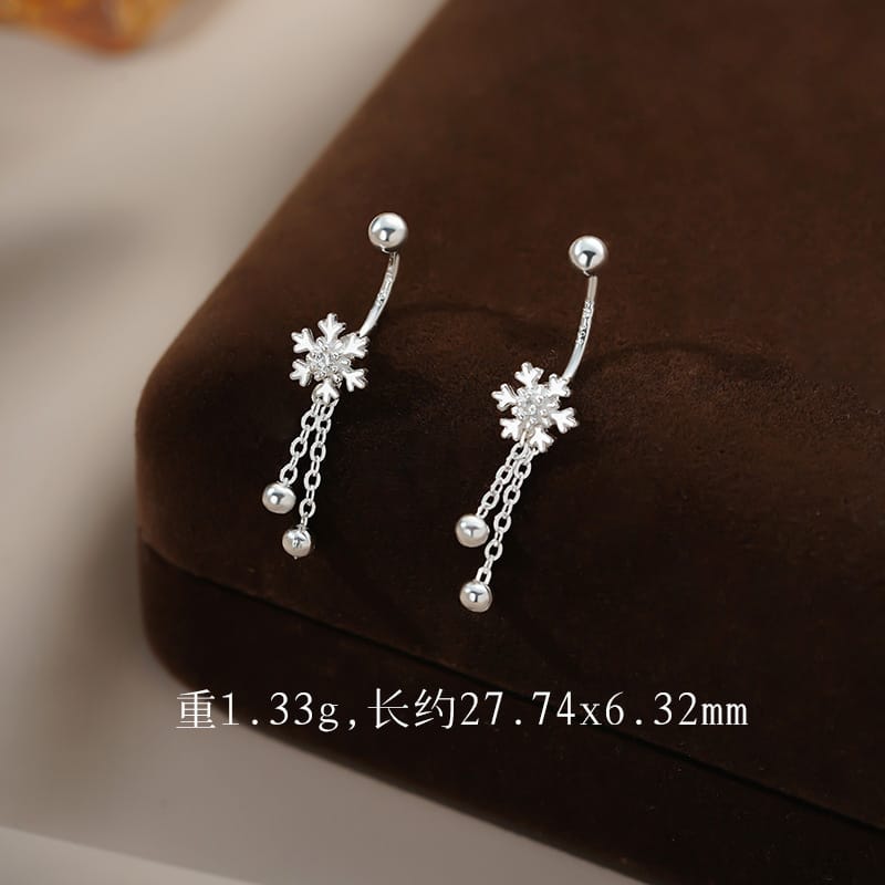 Snowflake tassel hook screw stud earrings--silver