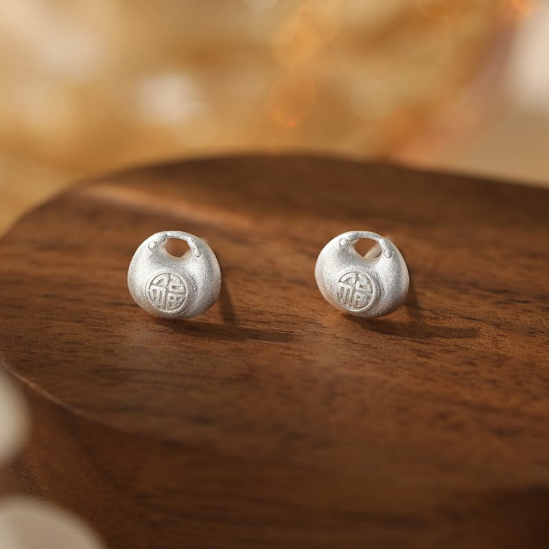 Lucky bag earrings---silver sandblasted style