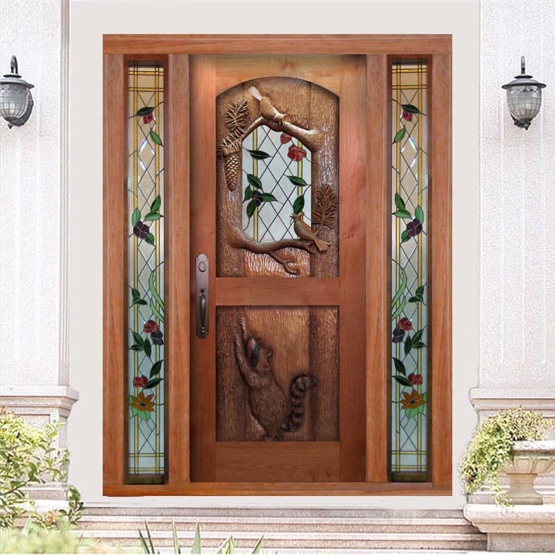 European High Quality Home Security Squirrel Carved Exterior Design Door Main Entrance Solid Stained Glass Wooden Door