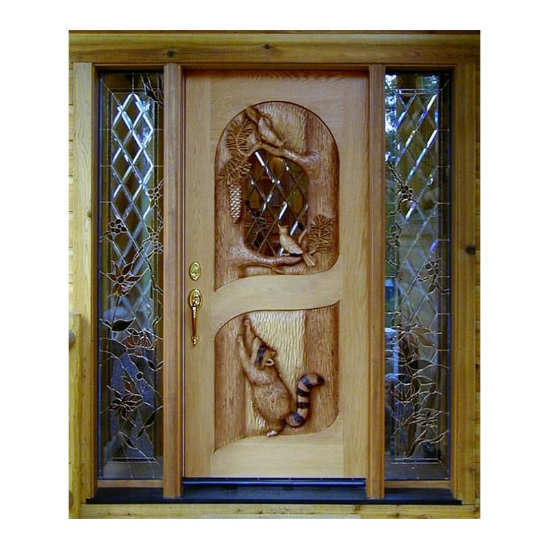 European High Quality Home Security Squirrel Carved Exterior Design Door Main Entrance Solid Stained Glass Wooden Door