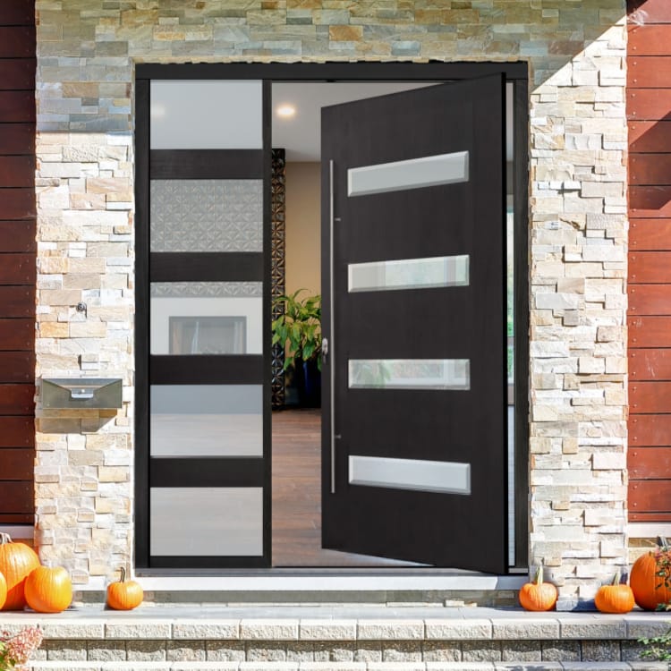 Residential Main Entry Modern Black Pivot Wood Doors With Sidelights Design